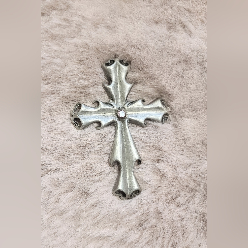 Vintage Handmade Silver Cross Pendant w Pink Gemstone